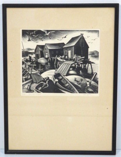 CLARE LEIGHTON WOODBLOCK PRINT OYSTER HOUSES WELLFLEET: Pencil signed and numbered 58/200. Plate size 8 1/4"h. x 9 3/4"w. Frame 19 3/4"h. x 9 3/4"w.