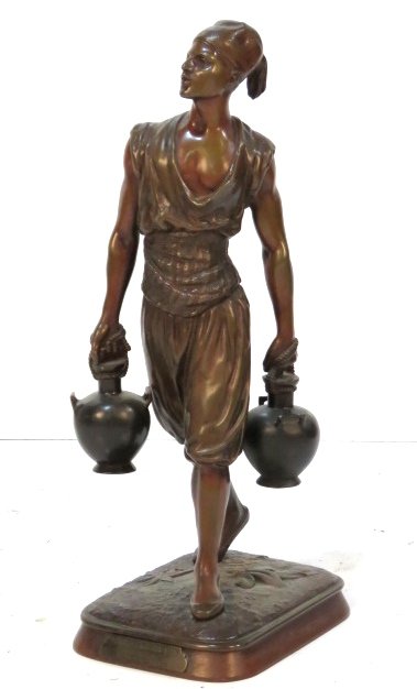 MARCEL DEBUT 24" BRONZE of a TUNESIAN PORTER: Original patina. Signed Debut. Porteur Deau Tunisien Par Debut, 1st Prix De Rome. 24 1/2"h.