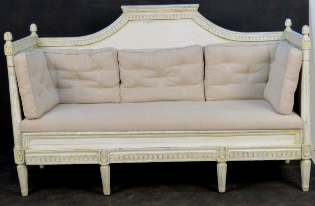 ANTIQUE GUSTAVIAN STYLE DISTRESS PAINTED SOFA: Carved frame with distressed cream paint. 45"h. x 71"w. x 28"d.