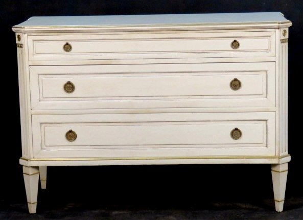 LOUIS XVI STYLE CREAM PAINTED COMMODE: Cream paint with gilt trim. 35"h. x 50"w. x 21 1/2"d.
