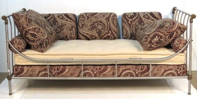 MAISON JANSEN STYLE STEEL & BRASS DAY BED: Steel with cast brass mounts. 37"h. x 85"w. x 38"d.