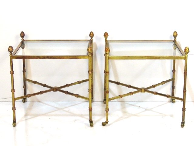 Pair ITALIAN GOLD TOLE METAL END TABLES: Gold painted metal. Glass tops. 21"h. x 21"sq.