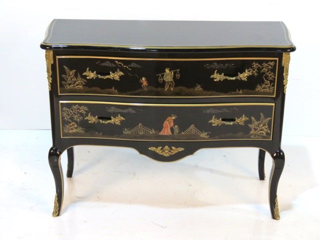 CENTURY CHINOISERIE EBONIZED COMMODE: Black lacquer with Chinese painted figures. 32 1/2"h. x 43"w. x 17 1/4"d.