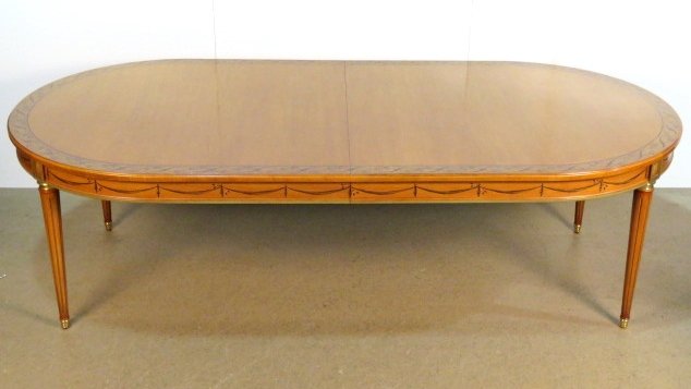 CORNELIO CAPPELLINI CUSTOM SATINWOOD 10 ft. DINING: Finest quality. Paint decoration. Bronze mounted legs. 30 1/2"h. x 104"w. 49 3/4"d. Extends to 121" with one 18"board.