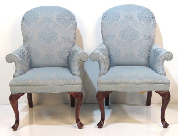 Pair THOMASVILLE QUEEN ANNE STYLE CHAIRS: Light wear to fabric. 41 1/2"h. x 30"w. x 28"d.
