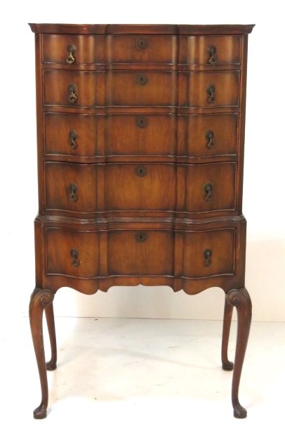 ANTIQUE CUSTOM QUEEN ANNE STYLE WALNUT HIGHBOY: Walnut with carved legs. 56 3/4"h. x 30 1/2"w. x 19"d.
