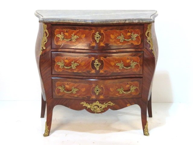 ANTIQUE FRENCH INLAID MARBLETOP COMMODE: Rosewood with floral inlay. Bronze mounts. 37"h. x 39 1/2"w. x 19"d.