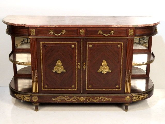 EDOUARD POTEAU FRENCH BRONZE ORMOLU MOUNTED CREDENZA: 19th c. Finely cast gilt bronze mounts. 41"h. x 72"w. x 23 3/4"d.