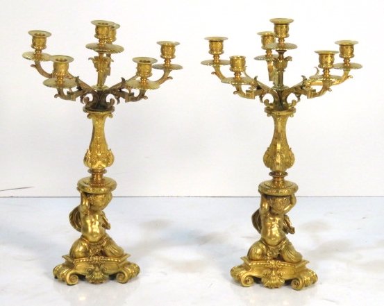 Pair 23" ANTIQUE FRENCH GILT BRONZE CANDELABRAS w/: Very fine casting. Unsigned. 23 3/4"h. x 15"w.