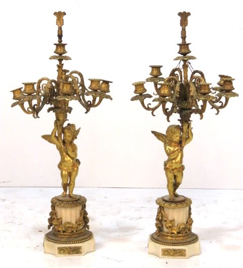 Pair ANTIQUE 28" FRENCH FIGURAL GILT BRONZE CANDELABRAS: Very fine casting. Marble bases. Formally electrified. Unsigned. 28 1/4"h. Finials 32 1/2"h.