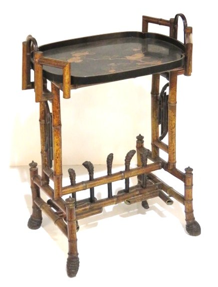 CHINESE BAMBOO TABLE w/ DECORATED LACQUER TRAY: Two tone bamboo lacquer tray with birds. 33 1/2"h. x 24 1/2"w. x 16 1/2"d.