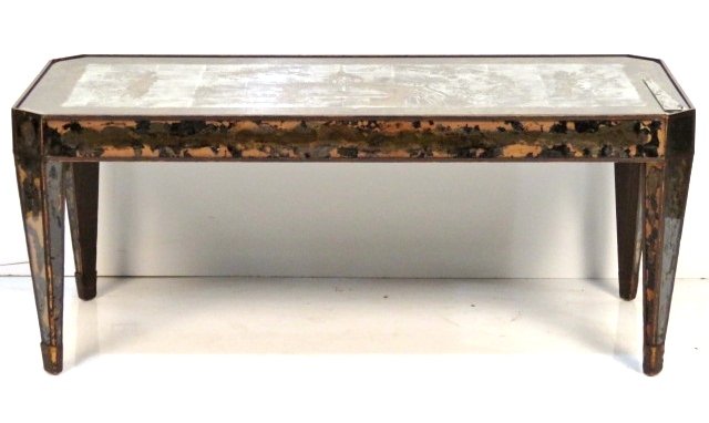 ITALIAN EGLOMISE MIRRORED CHINOISERIE COFFEE TABLE: Silver and gold gilt eglomised mirror panels. 17 1/2"h. x 42 1/2"w. x 20 1/2"d.