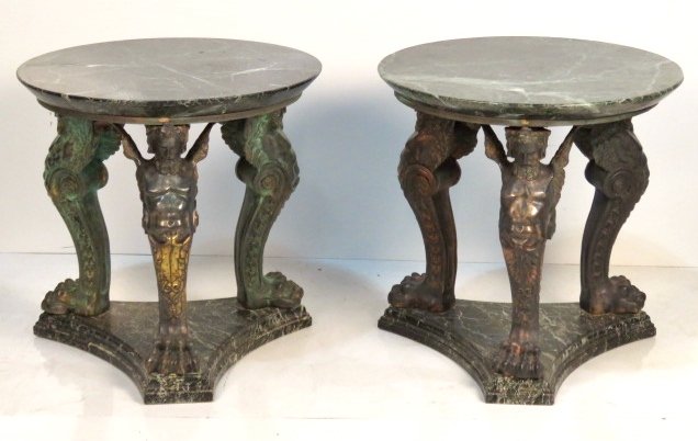 Pair NEOCLASSICAL STYLE FIGURAL BRONZE & MARBLE TABLES: Each with three 23" bronze winged male figures. Thick 2" verdigris marble tops. 28 3/4"h. x 29 1/4" diam.