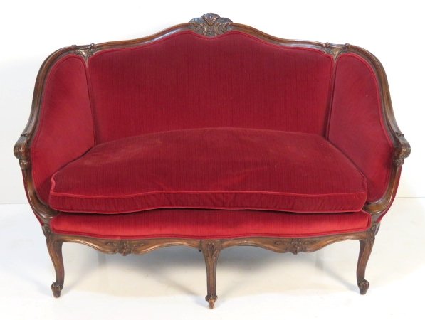 ANTIQUE FRENCH STYLE CARVED WALNUT LOVESEAT: Carved walnut frame. 36"h. x 52"w. x 32"d.