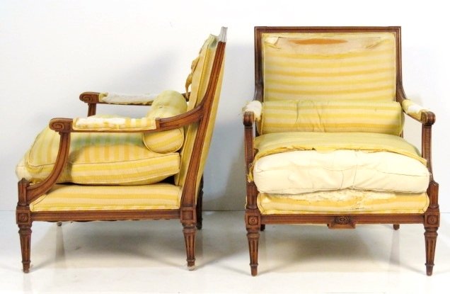 Pair CUSTOM LOUIS XVI STYLE BERGERES: Carved walnut frames. 35 1/2"h. x 29 1/2"w. x 33"d.