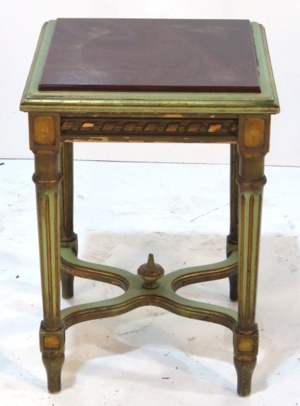 ANTIQUE LOUIS XVI STYLE PAINTED & GILT MARBLETOP STAND: Paint decoration. Red stone top. 21 1/2"h. x 15"sq.