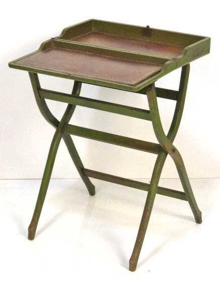 ANTIQUE CHINOISERIE FOLDING LEATHERTOP WRITING TABLE: Green paint with chinoiserie decoration. Leather interior. Open measures 31"h. x 22"w. x 22"d.