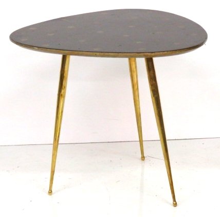 ITALIAN MODERN BRASS & LACQUERED TABLE w/ INLAID COINS: Lacquered wood top with inlaid coins. 19"h. x 23"w. x 22 1/4"d.