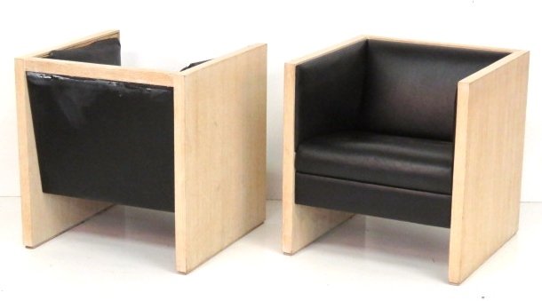 Pair MODERN OAK & BLACK LEATHER CUBE CHAIRS (1 of 7)
