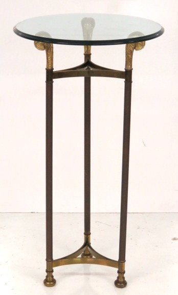 NEOCLASSICAL STYLE BRASS & METAL STAND: Brass plumes and feet. Glass top. 39 1/2"h. x 21 1/2" diameter.