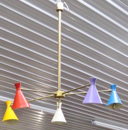 ARTELUCE STYLE ITALIAN CHANDELIER w/ TOLE SHADES: Brass with painted metal shades. 34"h. to ceiling. X 34"diam.