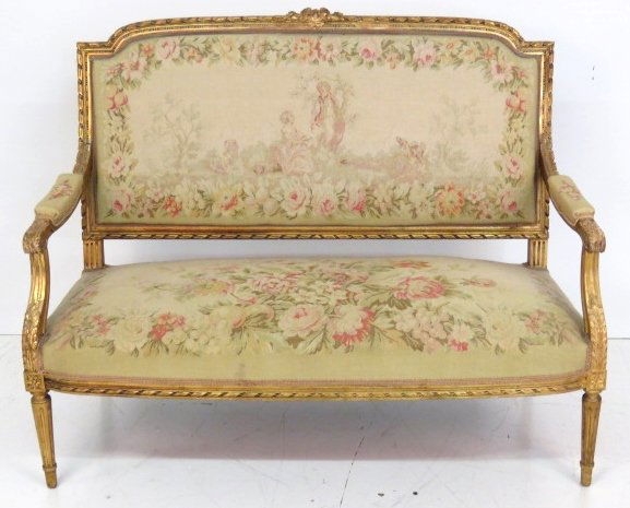 19th c. ANTIQUE FRENCH GILT AUBUSSON SOFA (1 of 10)