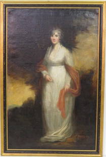 SIR HENRY RAEBURN PORTAIT PAINTING of MRS. LOWNDES: No visible signature. Oil on canvas. 48 1/4"h. x 36 1/4"w. Frame 53"h. x 35 1/4"w.