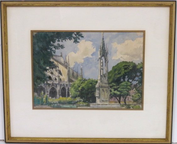 ALEXANDER BENOIS WATERCOLOR CATHEDRAL w/ MONUMENT (1 of 6)