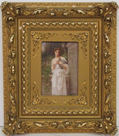 GERMAN PAINTING on PORCELAIN PLAQUE GIRL w/ DOVE (1 of 4)