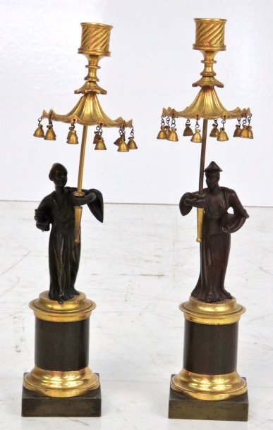 Pair CHINOISERIE FIGURAL BRONZE CANDELSTICKS (1 of 5)