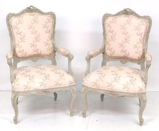 Pair CUSTOM FRENCH PAINTED CARVED FAUTEUILS (1 of 4)