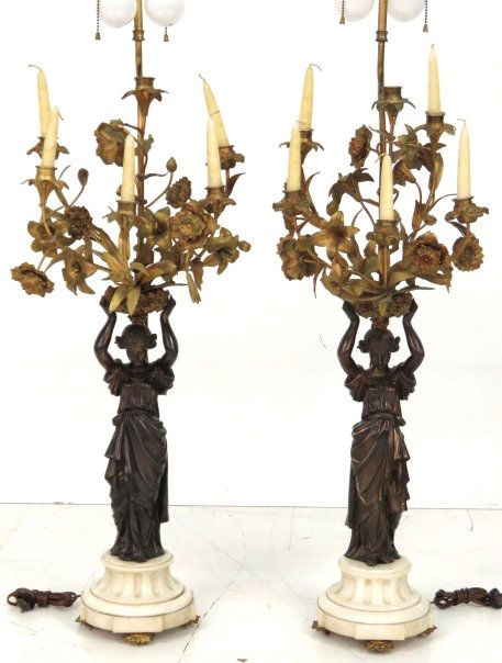 Pair 19th c. ANTIQUE FRENCH FIGURAL BRONZE CANDELABRAS (1 of 6)