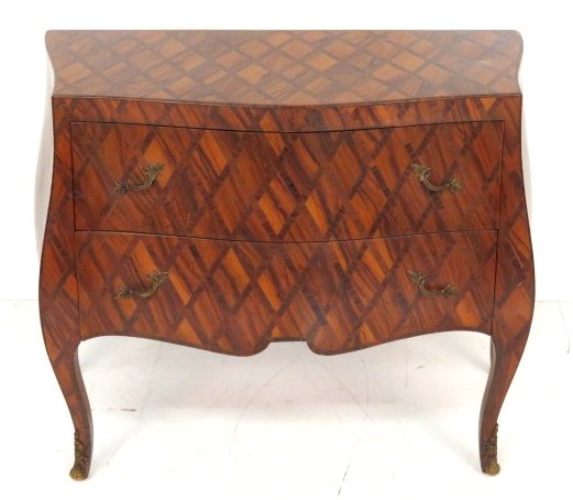 ITALIAN PARQUETRY COMMODE: Bombay sides and front. 29"h. x 34"w. x 16"d.