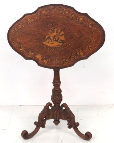 19th c. BLACK FOREST CARVED & INLAID TILT TABLE: Inlaid scene with mountain goats. 30"h. x 26"w. x 17"d.