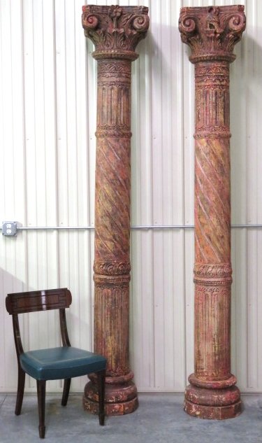 Pair 9 FOOT CARVED & PAINTED CORINTHIAN WOOD COLUMNS (1 of 8)