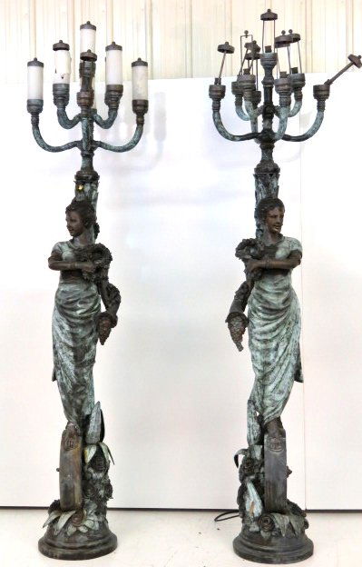 Pair 9 foot FIGURAL BRONZE MAIDEN TORCHIERES (1 of 10)