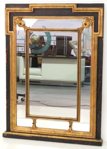 FRENCH STYLE EBONIZED & GILT MIRROR: Ebonized and gilt. Made in Italy. Carved wood. 48"h. x 36"w.