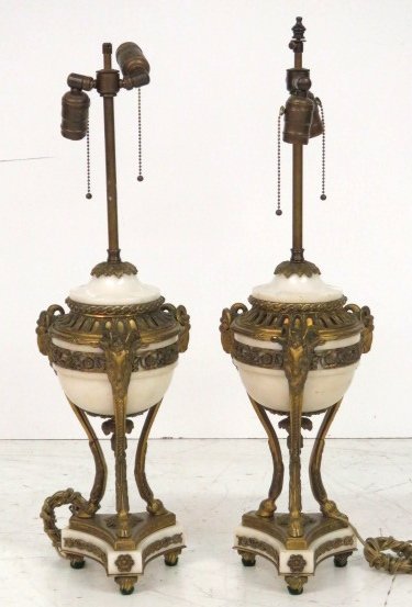 Pair ANTIQUE FRENCH EMPIRE STYLE BRONZE & MARBLE LAMPS (1 of 4)