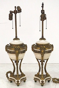 Pair ANTIQUE FRENCH EMPIRE STYLE BRONZE & MARBLE LAMPS First Image