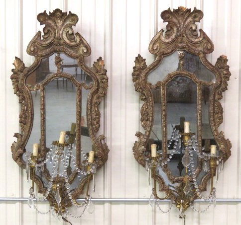 Pair ANTIQUE CARVED SILVERED WOOD MIRRORED SCONCES (1 of 5)