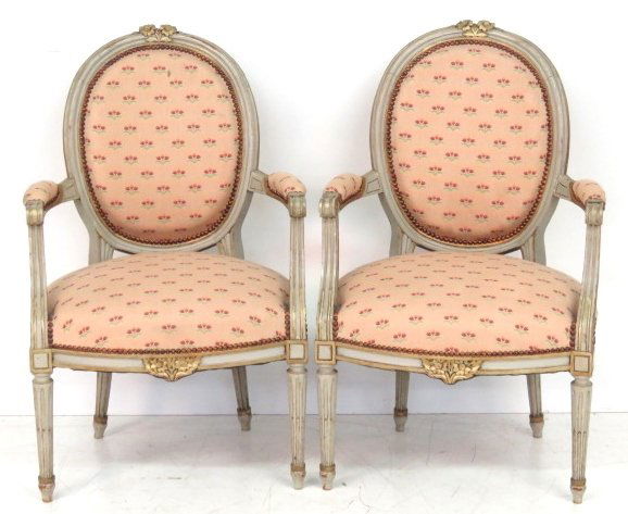 Pair LOUIS XVI STYLE PAINT DECORATED FAUTEUILS (1 of 6)