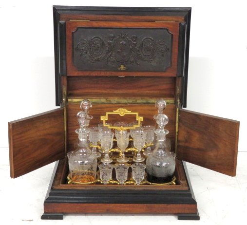 ANTIQUE CONTINENTAL TANTALUS BOX w/ GUTTA PERCHA PANELS (1 of 6)