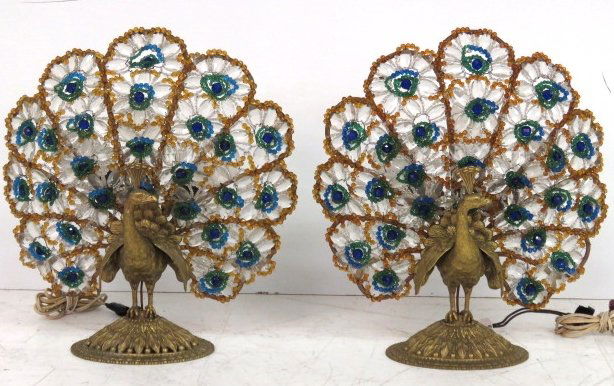 Pair CZECH GLASS & BRASS PEACOCK LAMPS (1 of 5)