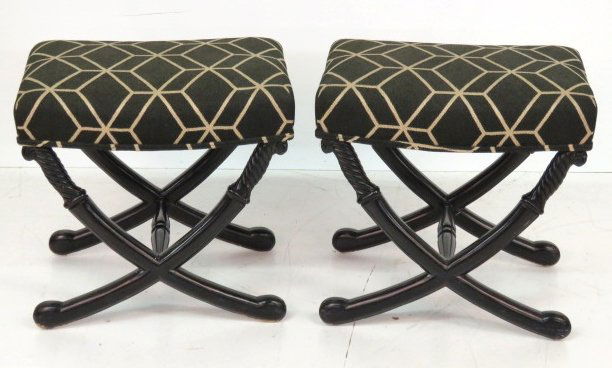 Pair REGENCY STYLE EBONIZED SABRE LEG STOOLS (1 of 3)