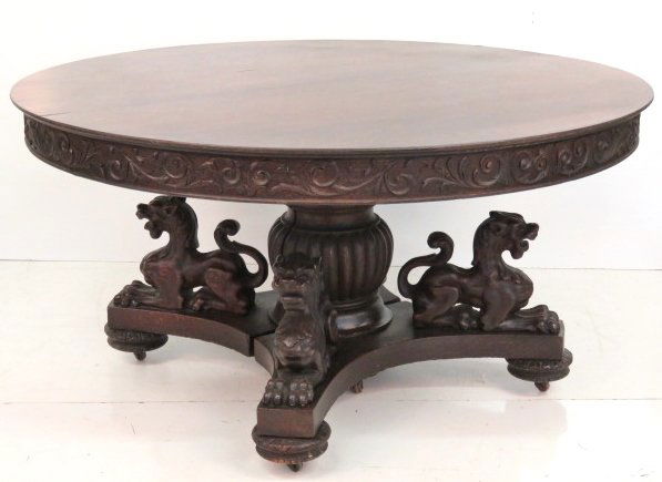ANTIQUE 60" ROUND FIGURAL OAK LION PEDESTAL TABLE (1 of 10)