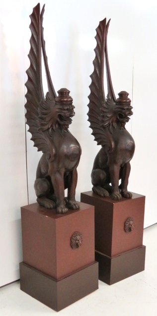Pair 76" CARVED WINGED GRIFFINS on PEDESTALS (1 of 10)