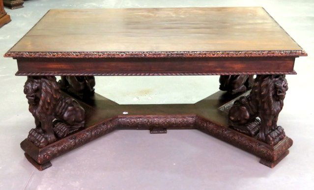 ITALIAN FIGURAL CARVED LIBRARY TABLE w/ 20" LIONS (1 of 4)