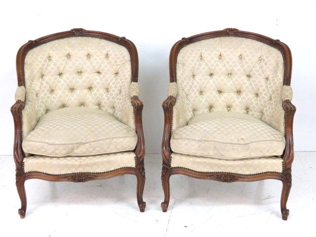 Pair CUSTOM LOUIS XV STYLE CARVED WALNUT BERGERES (1 of 4)