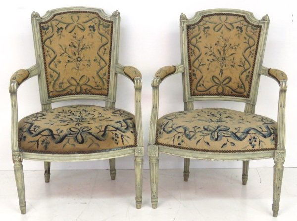 Pair LOUIS XVI STYLE PAINTED NEEDLEPOINT FAUTEUILS (1 of 10)
