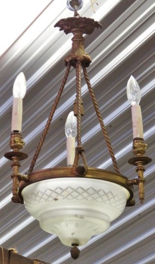 ANTIQUE FRENCH BRONZE & CRYSTAL CHANDELIER: Cast bronze with etched glass bowl. 23"h. x 14"diam.